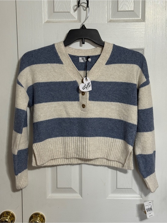 Love Knit Sweaters - Striped V-Neck Cropped Sweater - Blue and Cream